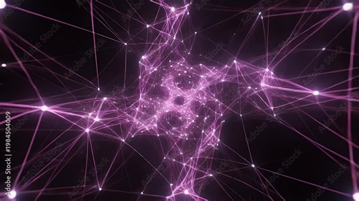 A stunning network of glowing pink lines and nodes forms a complex web-like structure on a dark background.