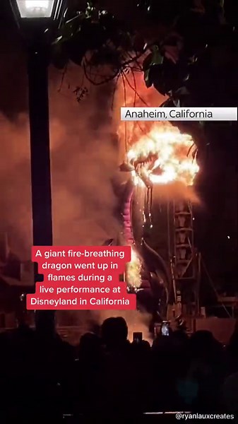 This is the moment a giant #fire-breathing #dragon went up in #flames during a #live #performance at #Disneyland in #California.