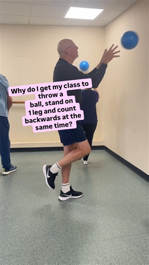 Older Fitter Stronger on Instagram: "Balance is about more than strong muscles …. It’s a mental challenge. Check out Les, the multi-tasking master here. Standing on 1 leg is hard but playing catch and counting backwards is next level 👌👏🏼 This is called dual tasking - where the brain does several things at once; a motor task (standing on one leg/catching a ball) and a cognitive task (counting backwards) . It mimics real life, where you may have to maintain balance whilst out walking a dog that