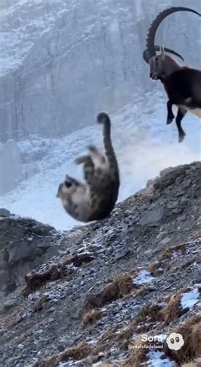 Snow Leopard Ambush: Mountain Goat Plunges Off Cliff #SnowLeopard #WildlifeAttack #MountainGoat
