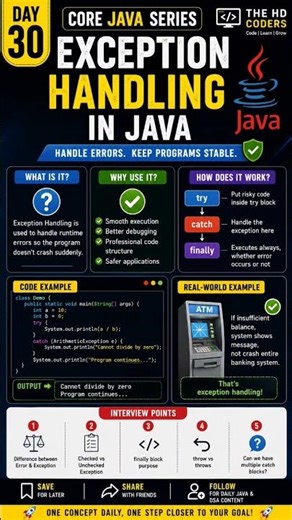 🚀 DAY 30 — Exception Handling in JavaIf your program crashes on one error…