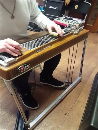 I've never played a pedal steel before, and you can definitely tell! However, I absolutely love this MSA Sidekick ten-stringer, which is a genuine 1970's USA made pedal steel, in excellent condition and full working order. We don't see cool instruments like this very often, especially ones that have been preserved so well. The instrument has already attracted a lot of attention. I'd love to hear it played by somebody who can actually handle these things before it gets snapped up. Call down and v