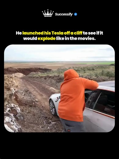 YouTuber Danny Duncan launched his Tesla Model 3 off a cliff to see if it would explode like in the movies. Before the jump, he tested the car’s windows and showed they were stronger than regular glass. The impact was brutal, airbags deployed mid-air, and the Tesla was completely destroyed but never caught fire or exploded. The stunt went viral, sparking massive discussions about Tesla’s safety, engineering, and how far people will go to test it. Did you think the car would explode? #funny #vira