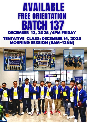 KLC ENROLLMENT IS ON GOING! AVAILABLE CLASS SCHEDULE: BATCH 137 SUNDAY CLASS/ MORNING SESSION (8AM-12NN) TENTATIVE START ON : DECEMBER 14, 2025 ORIENTATION: DECEMBER 12, 2025 / FRIDAY / 4PM AT KLC OFFICE *Unlimited Training and Sit-in for previously enrolled students. *Discounted Tuition Fee on SkillTest Registration for EPS Exam Passers only. w/ FREE ASSISTANCE to the ff/s: POEA Online E-Registration Registration for KLT Exam Medical Examination EPS Account FOR RESERVATION AND INQUIRIES: You ca
