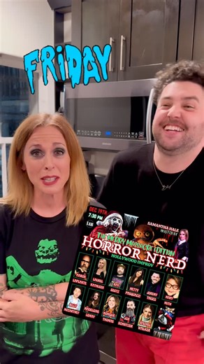 Samantha Hale on Instagram: "This FRIDAY is gonna be a total MASSACRE! Ho-ho-horror Nerd takes on Christmas for the Merry Massacre Edition! And @billymccartney takes on the stage itself 🔪🎄"