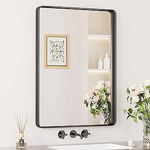 Keonjinn Black Vanity Mirror, 22 x 30 Inch Rounded Rectangle Matte Black Bathroom Mirrors for Over Sink, Anti- Rust Farmhouse Mirror with Seamless Metal Frame, HD Tempered Glass, Sandblasted Finish