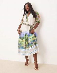 Hope & Ivy Plus button front midi dress with tiered skirt and tie waist in scenic print | ASOS