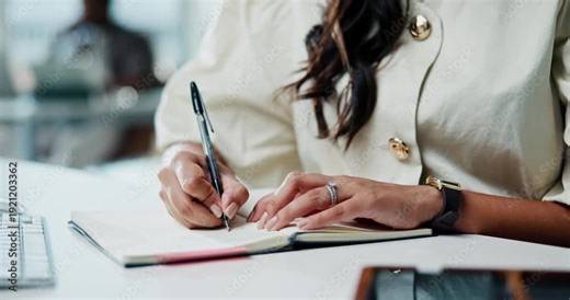 Hands, business and writing notes for idea, schedule or story planning with woman at work. Notebook, journalist and creative person in office with diary for news draft, list or agenda with info