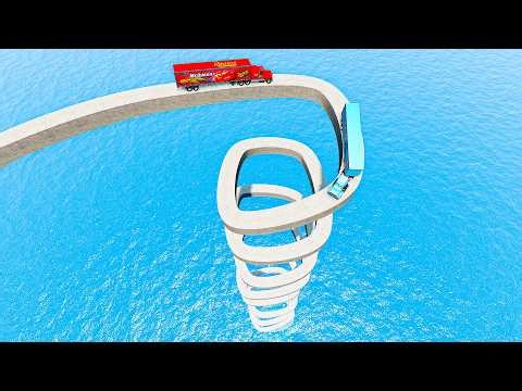 Mack Truck & Mcqueen vs King Dinoco Truck vs Impossible Spiral Bridge Vs Deep Water - BeamNG.Drive