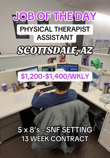 JOB OF THE DAY 🚨 Physical Therapist Assistant (PTA) 📍 Scottsdale, AZ Setting: Skilled Nursing Facility (SNF) Schedule: 5x8’s Contract: 13 weeks Pay Range: $1,200 – $1,400 weekly Includes an estimated wage of $15 – $17/hr and non-taxable travel benefits if eligible BENEFITS INCLUDE: • Referral Bonuses • 401(k) with up to 4% match • HSA Savings Account • Medical, Dental & Vision Call or Text: 531-444-3347 DM me for full details or to get submitted! #physicaltherapistassistant #physicaltherapy #p