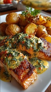LAKS I KREMET DILL- OG SENNEPSSAUS MED OVNSBAKTE POTETER 🌿🍽️ INGREDIENSER: Til laksen: 2 laksefileter 1 ss olivenolje Salt og pepper Litt sitronsaft Til ovnsbakte poteter: 500 g småpoteter, delt i to 2 ss olivenolje 1 ts tørket timian Salt og pepper Til kremet dill- og sennepssaus: 2 dl matfløte 1 ss grov sennep 1 ts dijonsennep 1 ss finhakket frisk dill 1 ts sitronsaft Salt og pepper INSTRUKSJONER: STEG 1: FORBEREDE POTETENE Forvarm ovnen til 210°C. Legg potetene på et bakepapirkledd brett, v