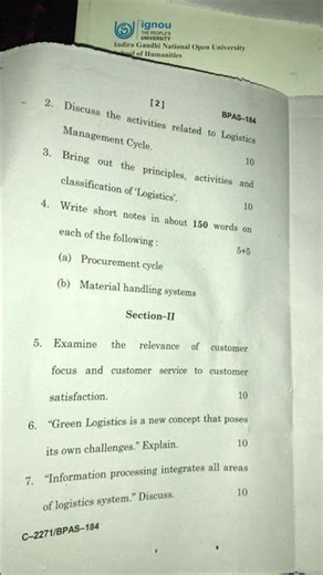 Logistic management BPAS184 question paper