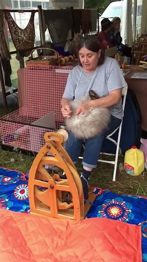 A Woman Spins Angora Fiber Straight from the Rabbit
