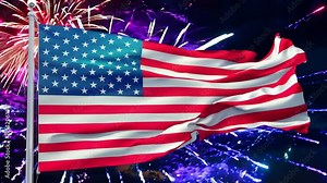 Close up of Waving American Flag with Firework. USA flag. Concept of 4th of July, Independence Day, American Election and Other Feasts. United states flag in the sky. Celebration 4k video