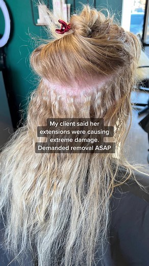 READ ⚡️ Trust your stylist and listen to our product recommendations. When installed and cared for properly, correctly there is ZERO damage. 🫶🏻 Overuse of certain products, especially the incorrect ones, will damage and break your extensions. This client was overloading her hair with various oil/keratin/repair products and NOT washing it out. They are an investment! Care for them! #extensions #hairextensions #fyp #foryoupage #hairtok