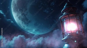 4K Loop Lantern Hovering Above Clouds with a Sky Full of Stars and Moon