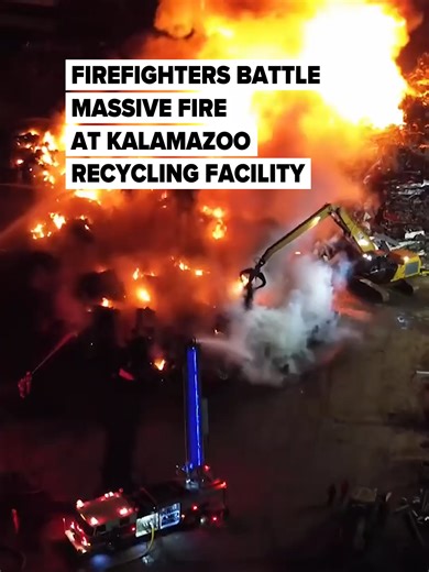 Firefighters used over a million gallons of water to put out a blaze at a metal recycling facility, the Kalamazoo Department of Public Safety said. The fire started in an exterior pile of material around 7:37 p.m. Monday, March 9, at Kalamazoo Metal Recyclers. (Video provided by Juan Perez) #fire #firefigher #drone