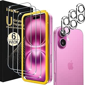 ivoler 3+3 Pack Tempered Glass for iPhone 16 Plus 6.7" Screen Protector with Camera Lens Protector with [Alignment Frame], Anti-Scratch Case Friendly Transparent HD Clear Film
