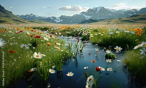 Serene Mountain Meadow: A breathtaking panorama of wildflowers blooming alongside a tranquil stream, nestled amidst majestic snow-capped mountains under a vibrant sky.