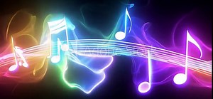 Colorful neon music notes on dark background with flowing light effects