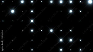 Loop seamless background spotlight flood white light flashing flashlights in nightclub. Animation disco panel with lamps blinking white lights on black background.