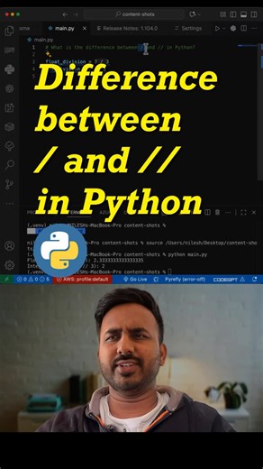 Nilesh Hadalgi | Techie Programmer on Instagram: "Ever wondered why Python has both / and //? 🤔 / → gives you true division (decimal result). // → gives you floor division (whole number, like cutting off the decimal). Think of / as dividing a pizza into exact slices 🍕 and // as snapping it clean at the crust 🍞. [python basics, operators, division, coding tips]"