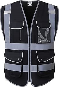 Class 2 Retro-Reflection Safety Vests 9 Pockets and Front Zipper ANSI/ISEA 107-2015 (Black-03, 3X-Large)