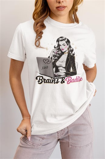 Brains & Baddie Laptop Pinup T-shirt | Retro Pinup Girl Graphic Tee - Etsy