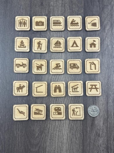 Camping Icon Magnets Set –Wooden Fridge Magnets –Campground Symbols/Signs – Laser Engraved Mini Magnets – Gift for Campers