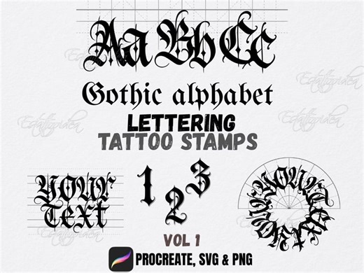 Gothic Alphabet Lettering Tattoo Stamps | Procreate Brushes | Circular Letter Tattoos | Calligram | Flash Sheet | Blackwork - Etsy