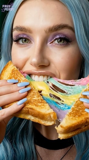 I finally found one of those viral rainbow grilled cheeses… and the pull was unreal. It looks like a unicorn snack, but it actually tastes like buttery, cheesy toasty heaven. Would you try this or is it too colorful for your soul? 🌈🧀✨ #rainbowgrilledcheese #asmreating #fantasyfood #foodtrend #fantasyasmr | Faux Feast