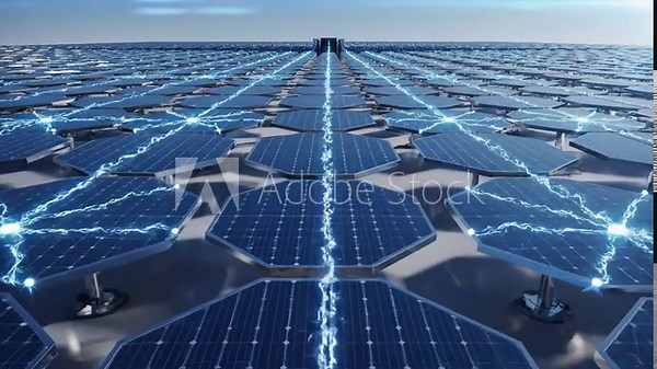 Solar Panel Array with Energy Transfer - A network of solar panels are interconnected, transmitting power as depicted by electrical discharge effects.
