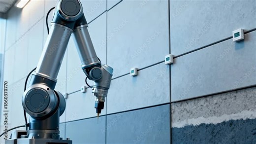 Automated robotic arm applies moisture sensors on building facade panels assessing structural insulation and identifying potential vulnerabilities in the envelope system.