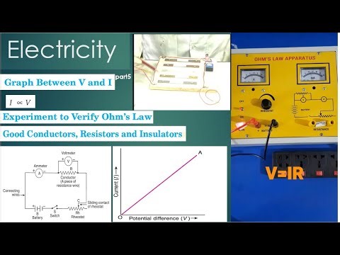 graph between V and I | experiment to verify ohm's law| good conductors, resistors and insulators