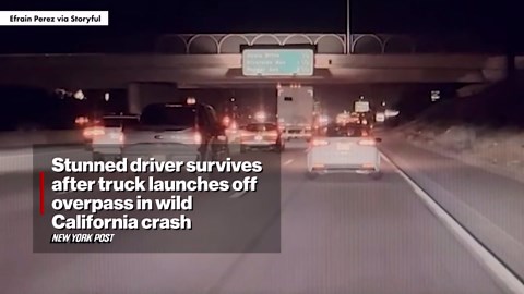 Stunned driver survives after truck launches off overpass in wild California crash
