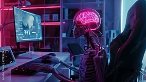 Translucent human body that allows you to see the central nervous system and muscles as a gamer plays video games on a desktop computer