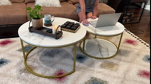 Nesting Coffee Table Set of 2,34in Modern Round Coffee Tables for Living Room Balcony Office Wooden Circle Table Accent End Side Table with Sturdy Gold Metal Frame, Easy Assembly, Black&Black