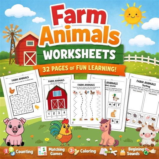 Farm Animals Worksheets Printable | Preschool Farm Activities | Toddler Learning Pages - Etsy