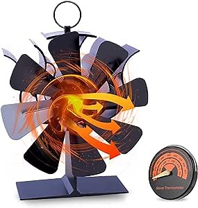 8 Blades Heat Powered Stove Fan - Wood Burning Stove Fireplace Fan Circulates Warm/Heated Air Eco Stove Fan for Gas/Pellet/Wood/Log Stoves with Thermometer