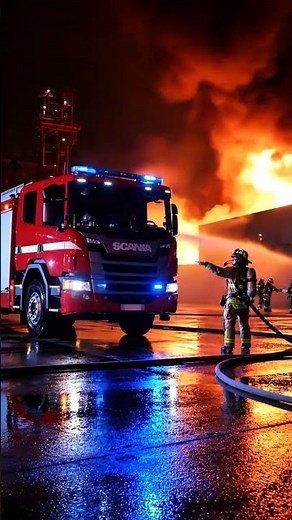 Scania Fire Truck in Action: Batt Battling Massive Industrial Blaze at Night | Emergency Response