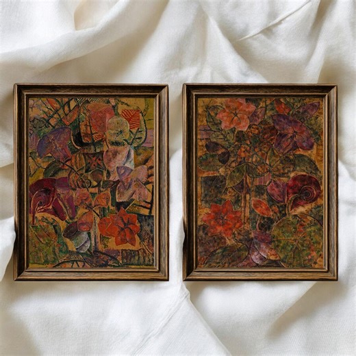 Moody Vintage Floral Art Set: Earthy Red Green Botanical Antique Wall Prints - Etsy