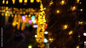 The trees are covered with yellow LED lights. The background is Christmas decorations in the Department store at night.