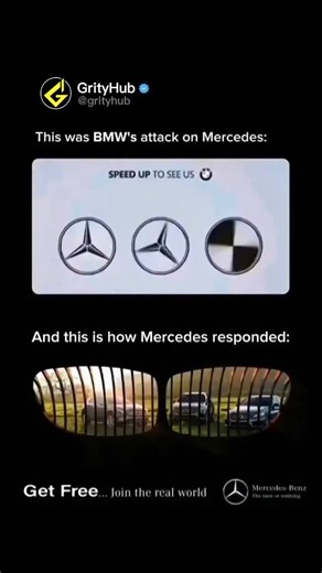 Grity Hub on Instagram: "When BMW and Mercedes turned advertising into warfare. 🚗💀 BMW once released an ad showing a Mercedes logo spinning faster and faster until it turned into the BMW propeller logo, with the text "Speed up to see us." It was supposed to be a flex—implying BMW is what Mercedes becomes when it gets fast enough. But Mercedes fans saw it differently. The tagline underneath read, "Behind every authentic brand is an even more authentic one," which flipped the whole message, maki
