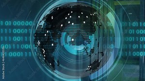 Animation of globe, loading circles and binary codes over data server room