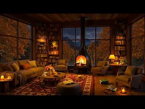 🍂 Cozy Autumn Cabin Ambience with Soft Jazz | Gentle Night Rain & Fireplace Sounds for Relax, Sleep