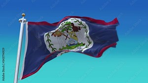 4k Belize National flag slow loop seamless waving with visible wrinkles in wind blue sky background.A fully digital rendering;animation loops at 20 seconds.