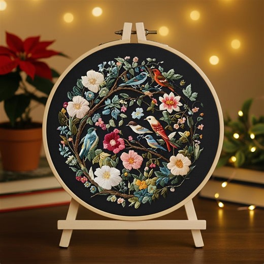 Birds & Floral Wreath Embroidery Kit | DIY Satin Stitch on Black Fabric | Modern Botanical Needlepoint | Relaxing Adult Hobby | Xmas Gift - Etsy