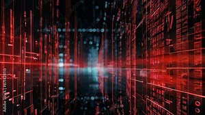 digital background red lines and patterns, resembling a futuristic matrix. The dark backdrop intense red circuitry, high-tech, cyberpunk aesthetic