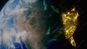 3D planet Earth simulation, focusing on North America and the United States of America. Spinning view from orbit in space, with city lights revealed at night. Concept background in 4k.