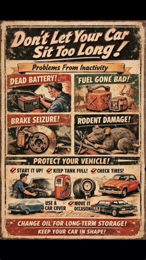 🚗 What Happens When a Car Is Not Used for a Long Time? Leaving a vehicle unused for more than two weeks can lead to several mechanical problems. Cars are designed to be driven regularly, and when they remain parked for long periods, many components begin to deteriorate. One of the most common problems is a dead battery. Modern vehicles have electronic systems such as alarms, ECUs, and clocks that continuously draw small amounts of power. If the vehicle is not started or driven, the battery can 